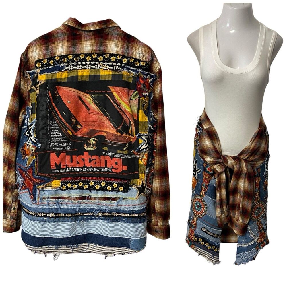 Upcycled Flannel Shirt Shacket Womens 3XL Mustang Grunge Patchwork Mechanic Cars